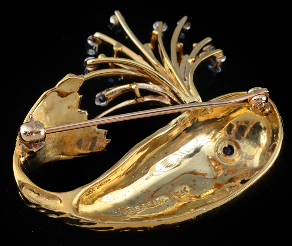 Erwin Pearl 18K Gold Diamond and Sapphire Whale Brooch