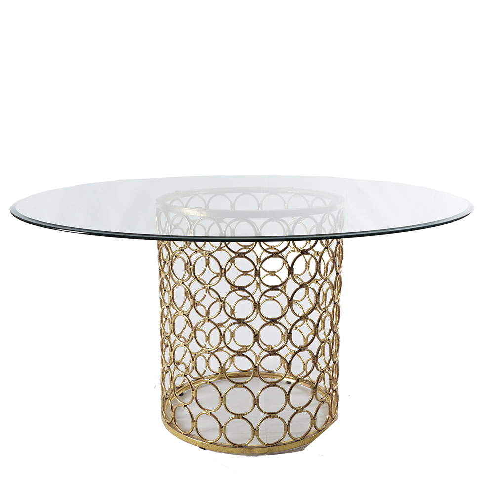 Circular Glass Dining Table with Perforated Brass Tone Pedestal