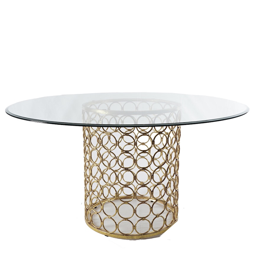 Circular Glass Dining Table with Perforated Brass Tone Pedestal