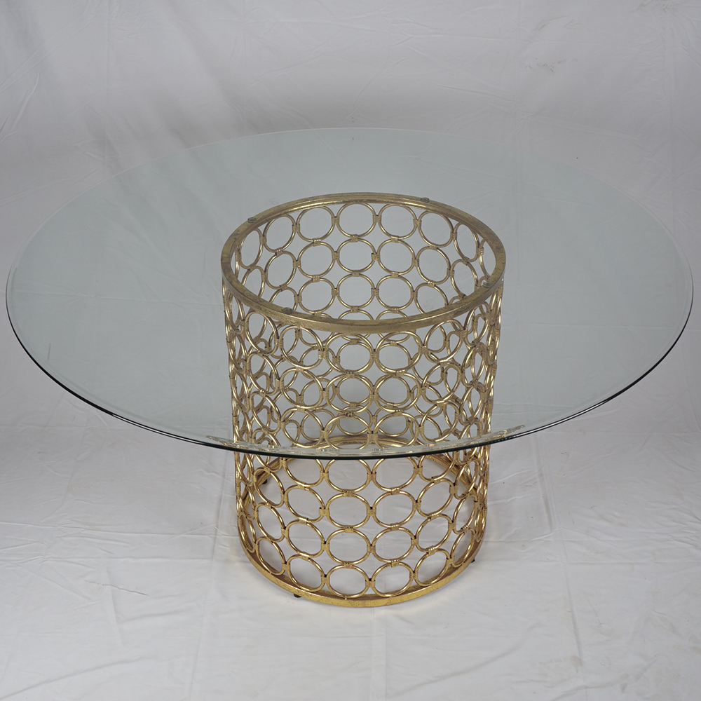 Circular Glass Dining Table with Perforated Brass Tone Pedestal