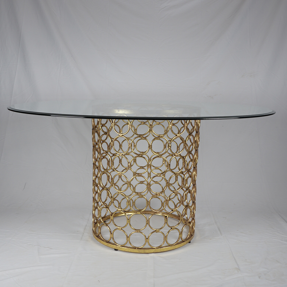 Circular Glass Dining Table with Perforated Brass Tone Pedestal