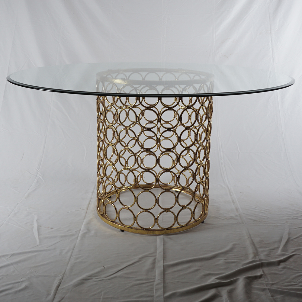Circular Glass Dining Table with Perforated Brass Tone Pedestal
