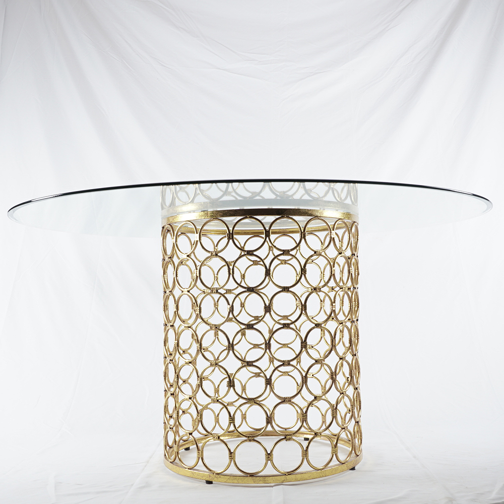 Circular Glass Dining Table with Perforated Brass Tone Pedestal