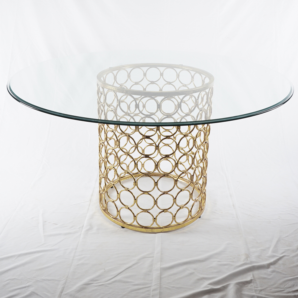 Circular Glass Dining Table with Perforated Brass Tone Pedestal