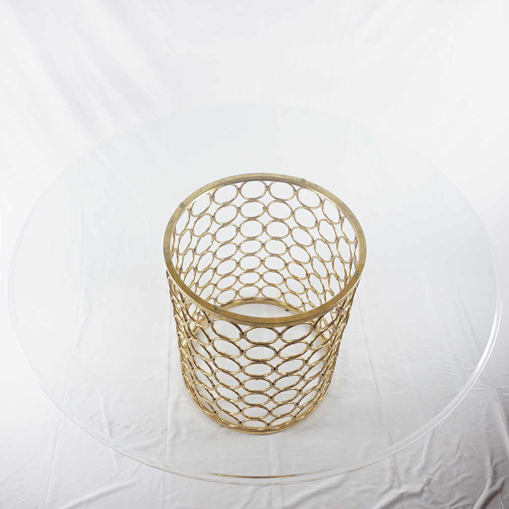 Circular Glass Dining Table with Perforated Brass Tone Pedestal