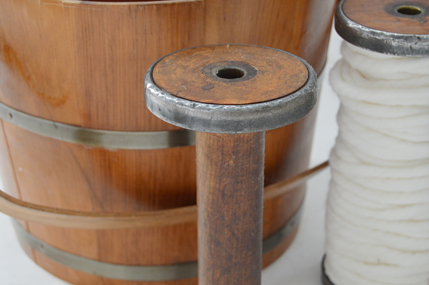 Vintage Wooden Bucket and Yarn Spools