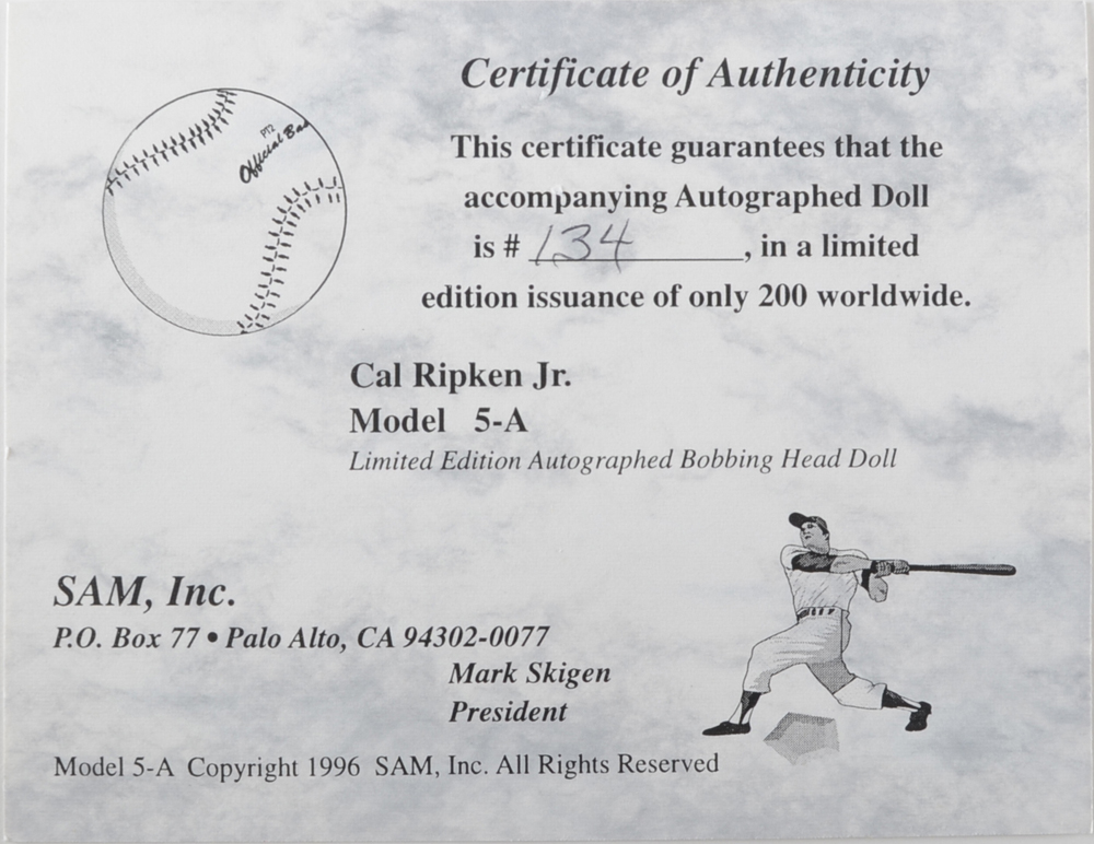 Cal Ripken Jr. Signed SAM, INC. Bobblehead   COA