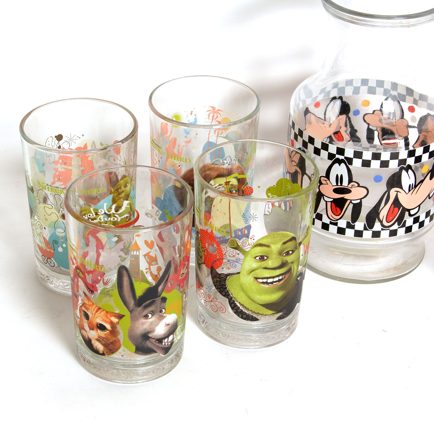 Disney Carafe and Mugs with Shrek Character Glasses