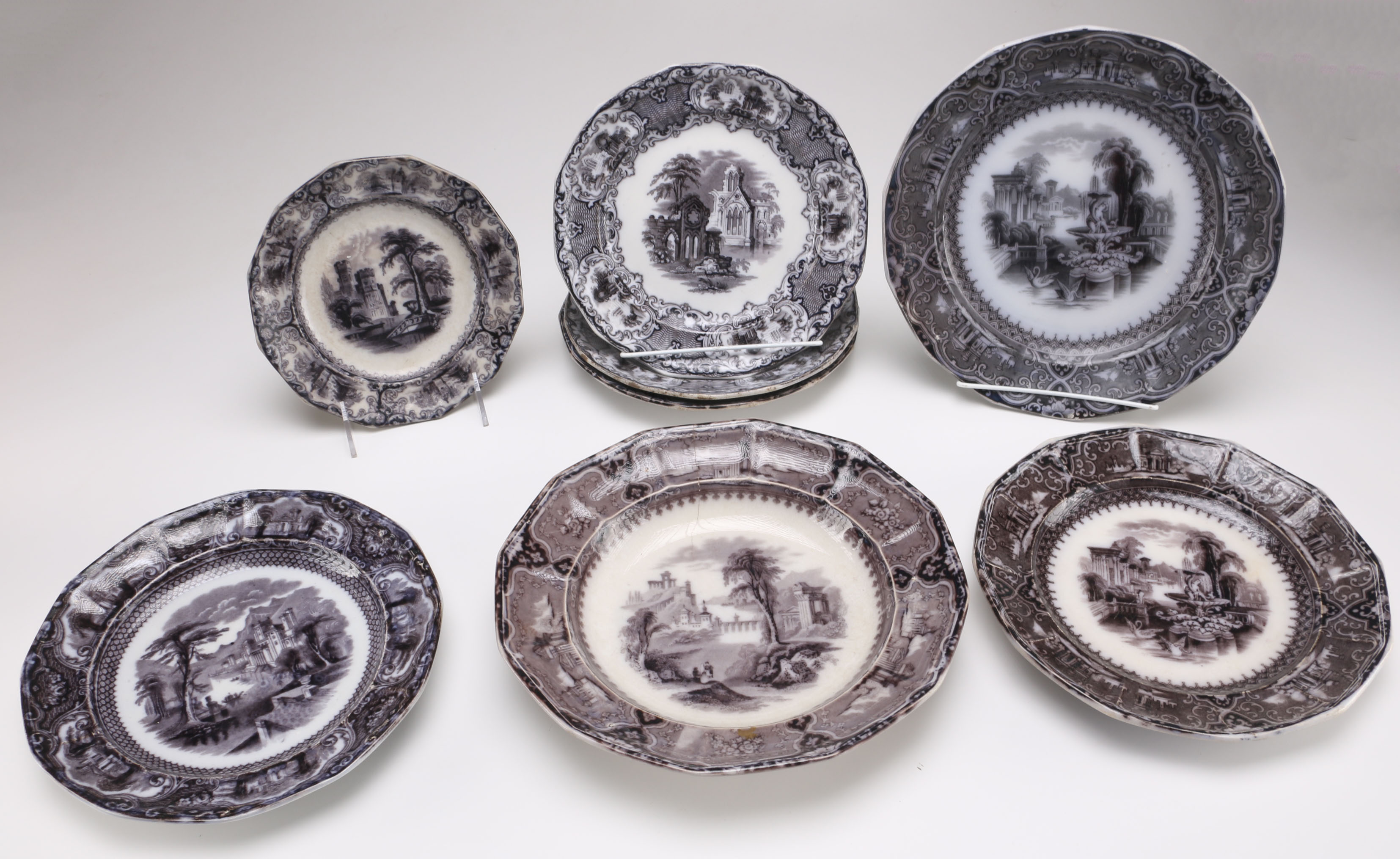 Victorian Transferware Plates with Scenic Imagery