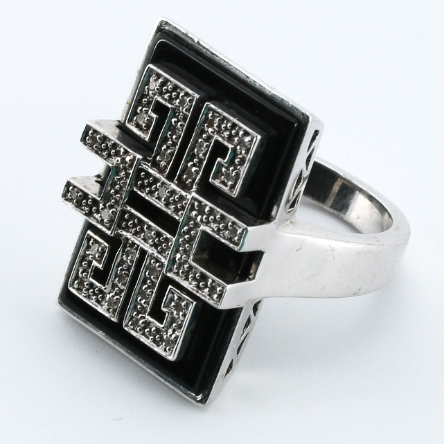 Sterling Silver Black Onyx Diamond Ring