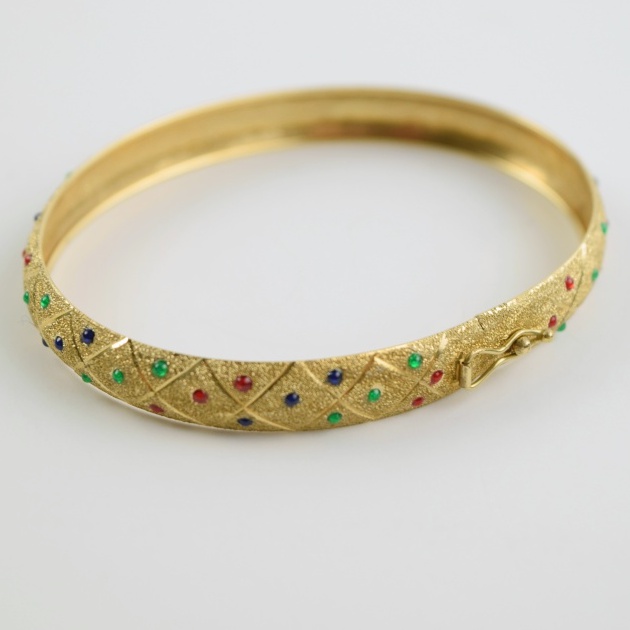 Lovely Bangle in 10k Yellow Gold with Blue, Red and Green Enamel Dotted Pattern