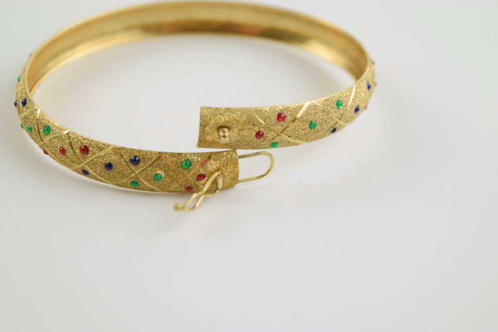 Lovely Bangle in 10k Yellow Gold with Blue, Red and Green Enamel Dotted Pattern