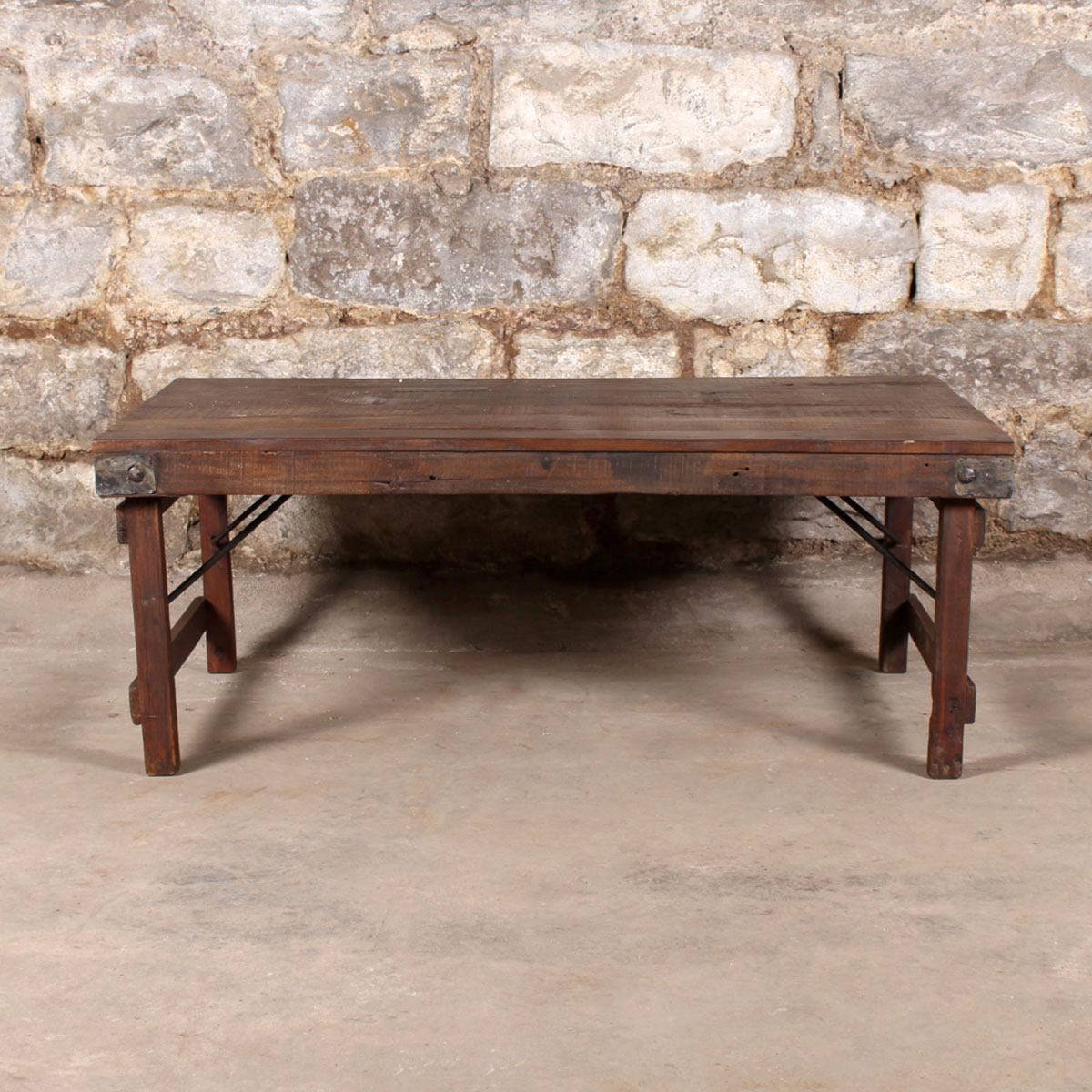 Reclaimed Wood Paneled Coffee Table with Metal Strapping