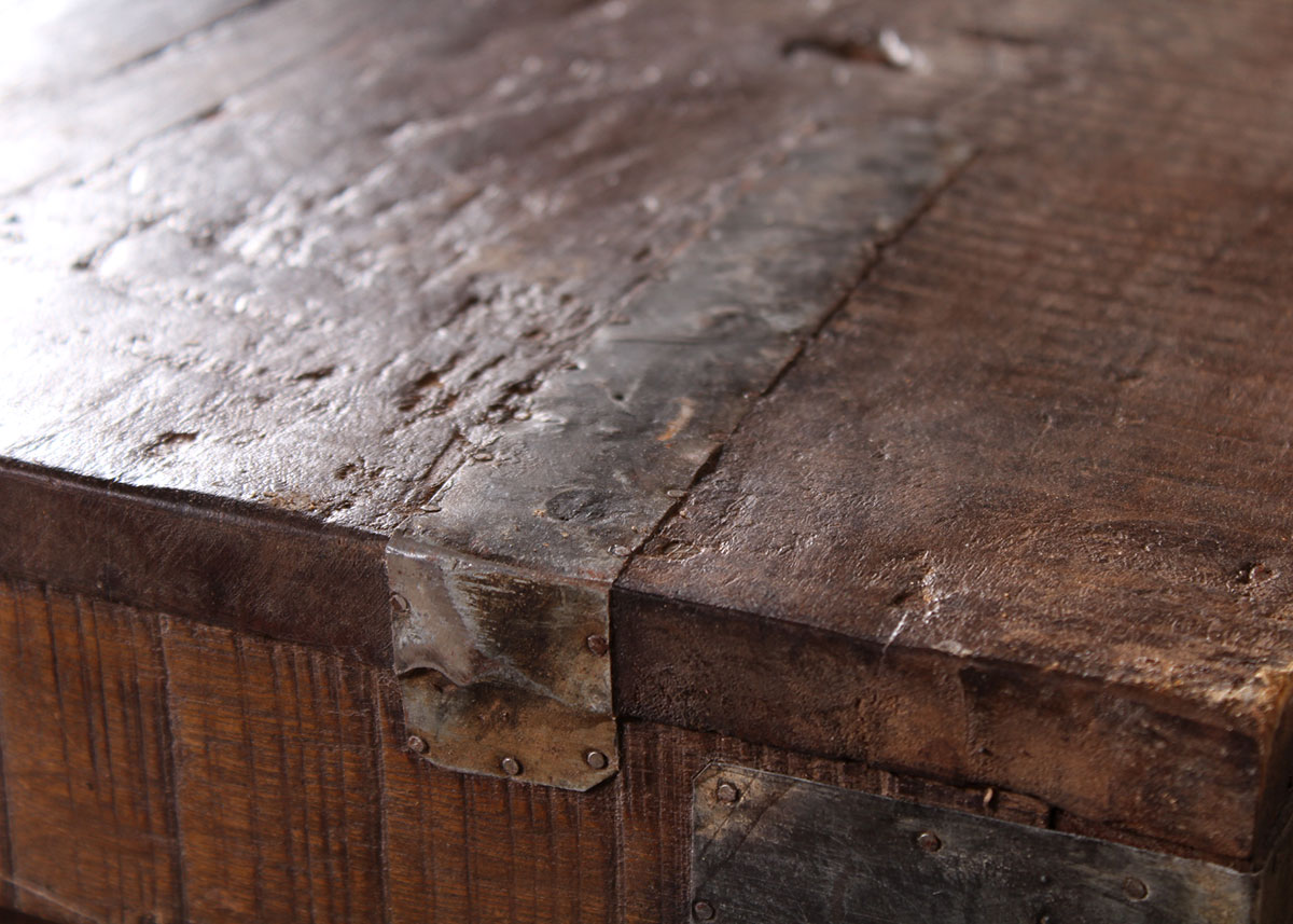 Reclaimed Wood Paneled Coffee Table with Metal Strapping