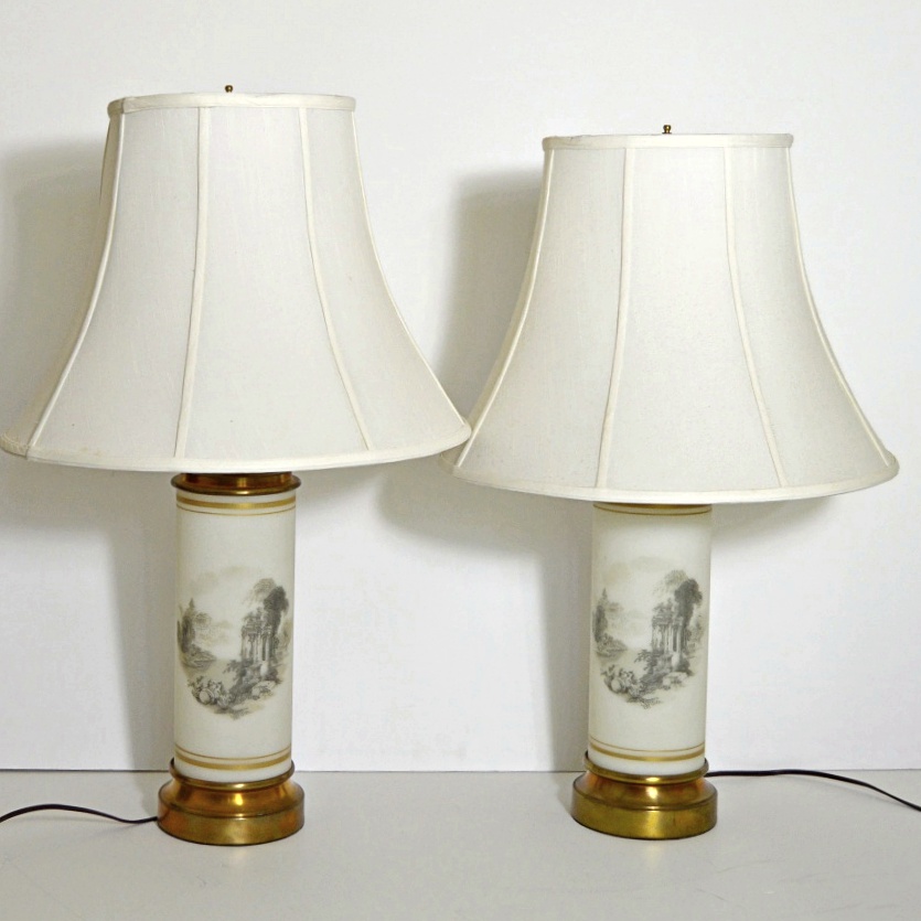 Pair of Vintage White Satin Glass Table Lamps with Landscapes