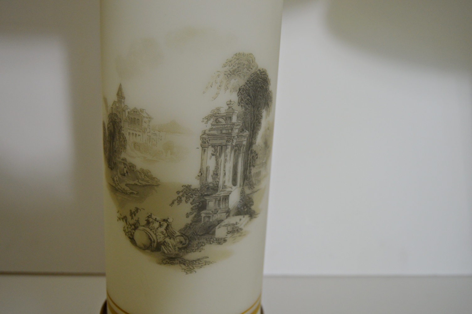 Pair of Vintage White Satin Glass Table Lamps with Landscapes