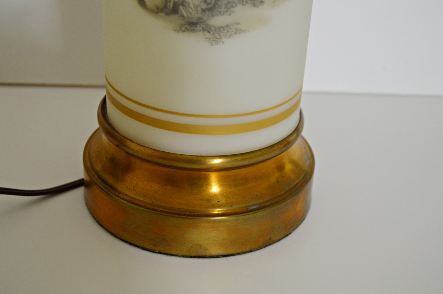 Pair of Vintage White Satin Glass Table Lamps with Landscapes