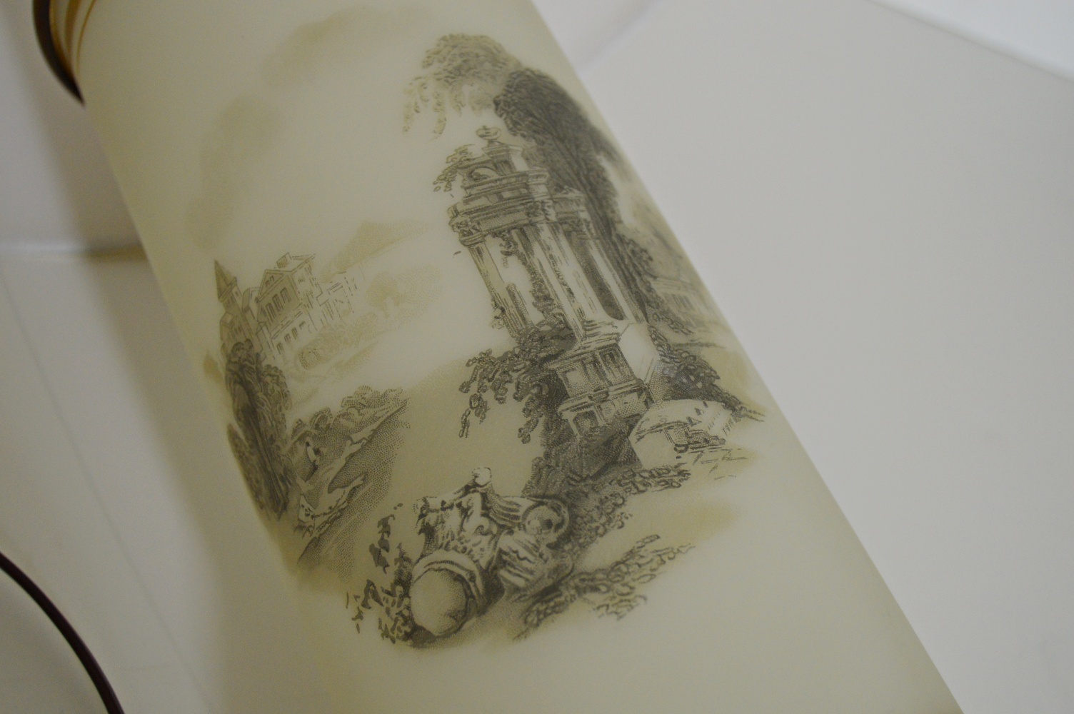 Pair of Vintage White Satin Glass Table Lamps with Landscapes