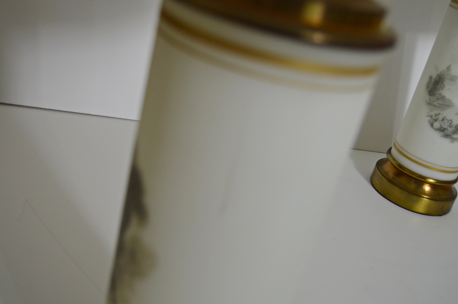 Pair of Vintage White Satin Glass Table Lamps with Landscapes