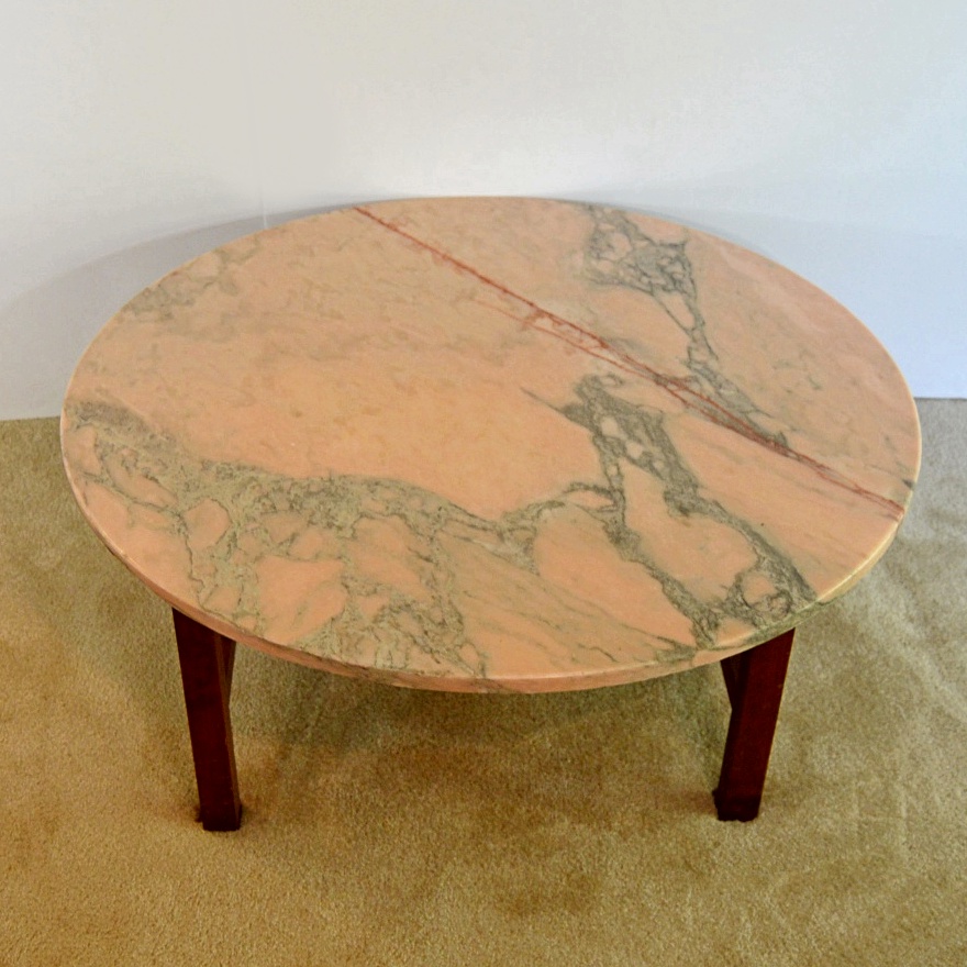 Mid Century Walnut Cocktail Table with Round Rose Marble Top