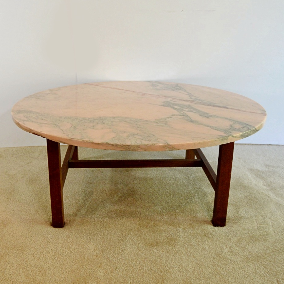 Mid Century Walnut Cocktail Table with Round Rose Marble Top