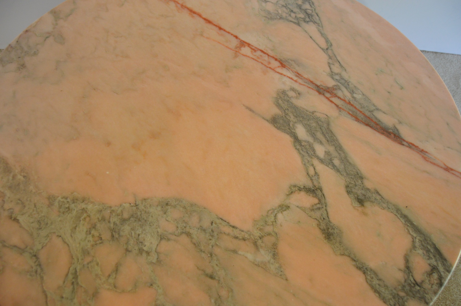 Mid Century Walnut Cocktail Table with Round Rose Marble Top