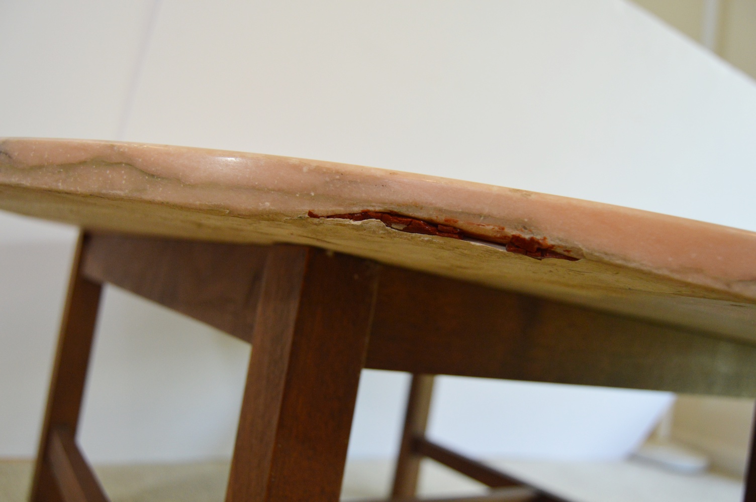 Mid Century Walnut Cocktail Table with Round Rose Marble Top