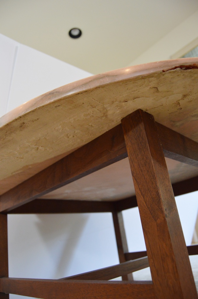 Mid Century Walnut Cocktail Table with Round Rose Marble Top