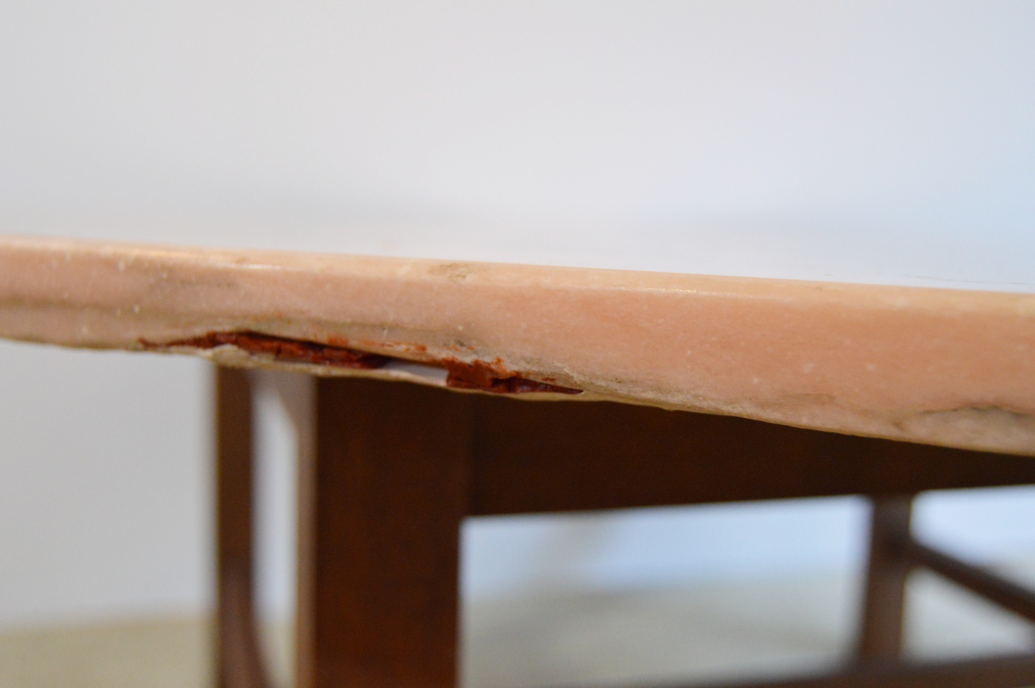 Mid Century Walnut Cocktail Table with Round Rose Marble Top