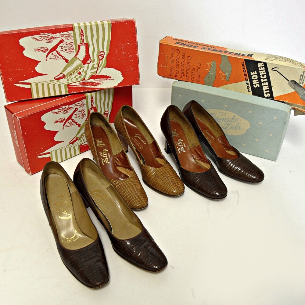 Three Pairs of Women's 1960s Lizard Heels, Size 9AAA