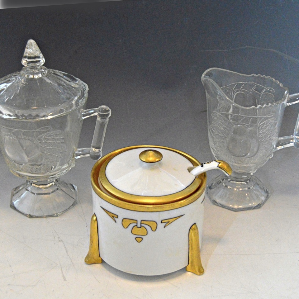 Art Nouveau Porcelain Honey Jar and Pressed Glass