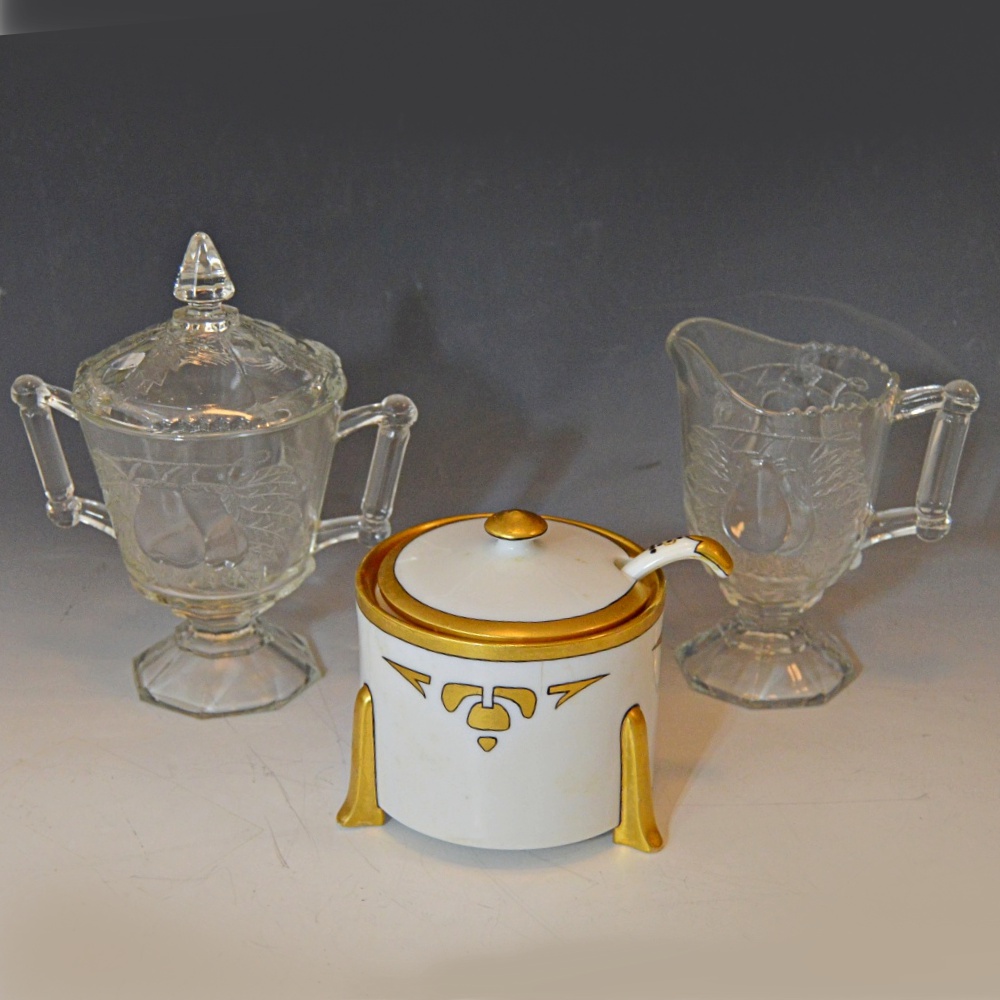 Art Nouveau Porcelain Honey Jar and Pressed Glass