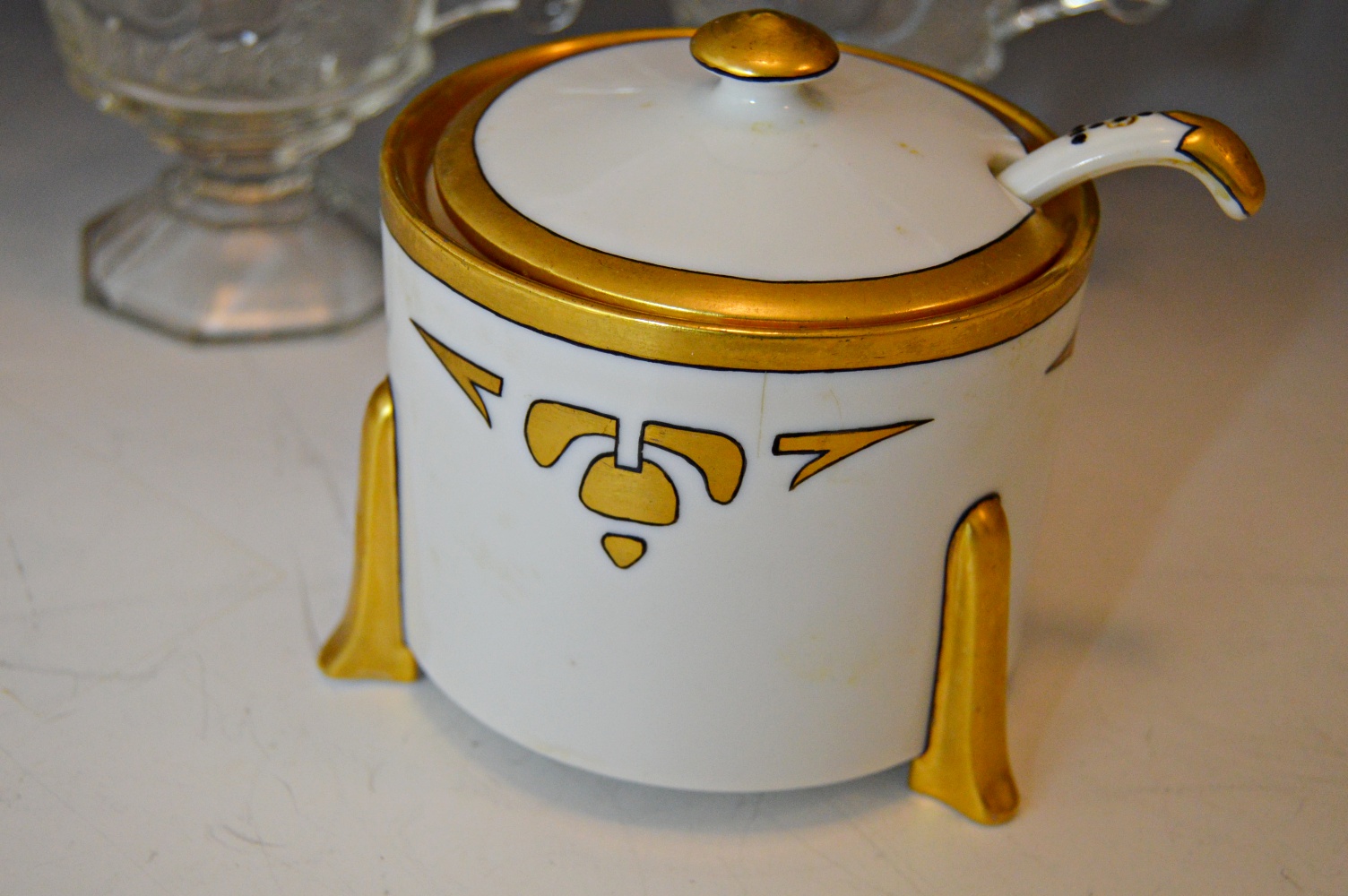 Art Nouveau Porcelain Honey Jar and Pressed Glass