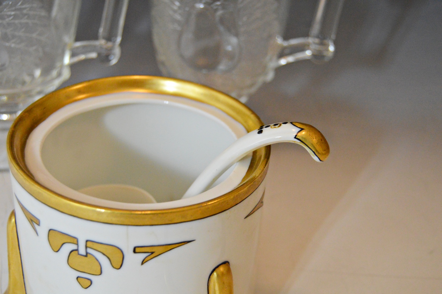 Art Nouveau Porcelain Honey Jar and Pressed Glass