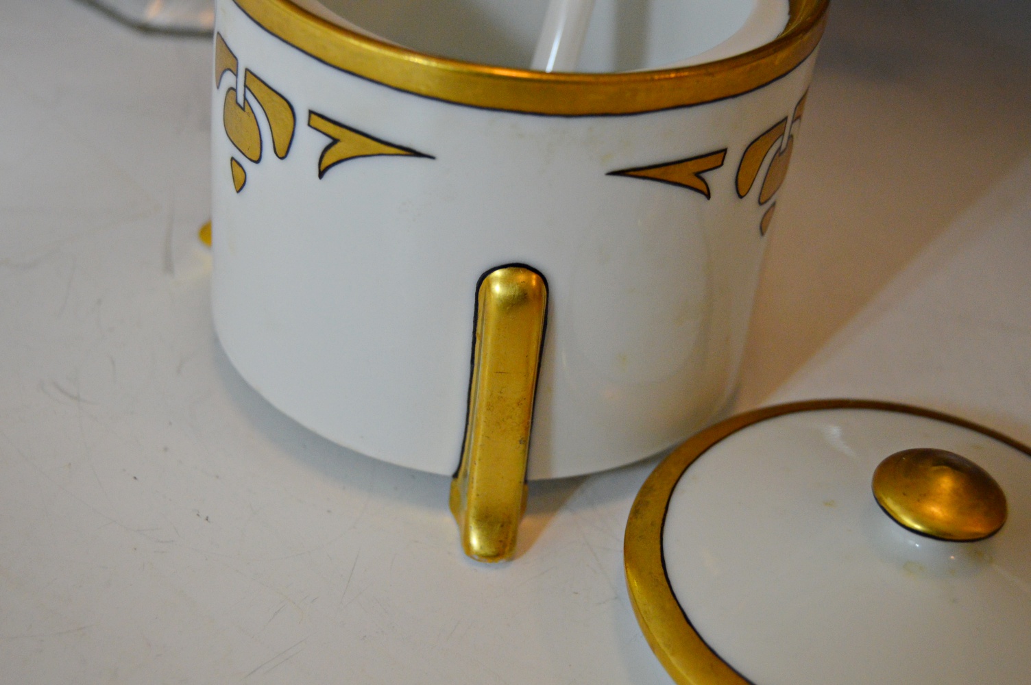 Art Nouveau Porcelain Honey Jar and Pressed Glass