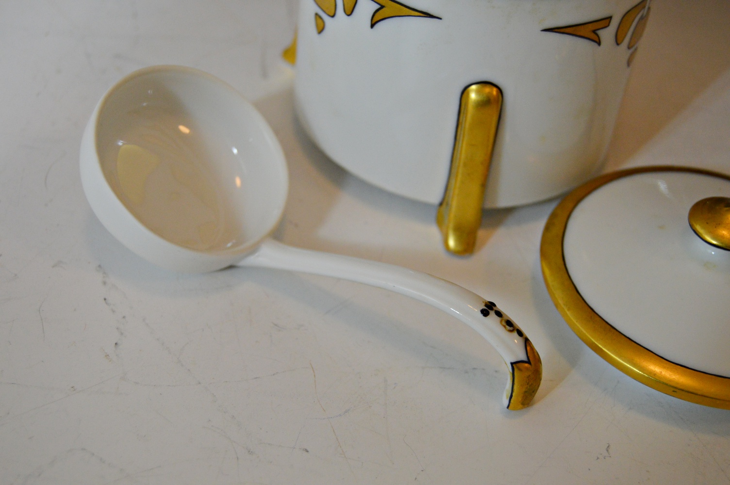 Art Nouveau Porcelain Honey Jar and Pressed Glass