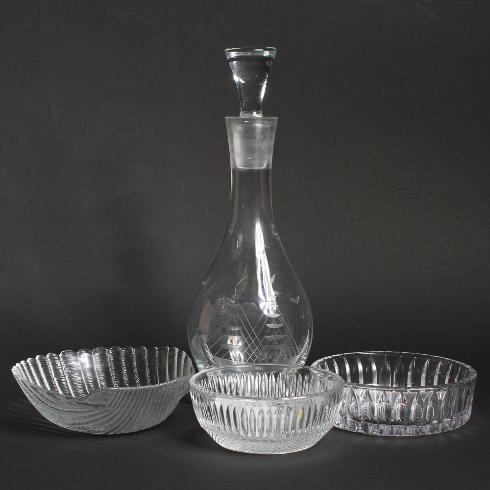 Glass Decanter and Snack Bowls