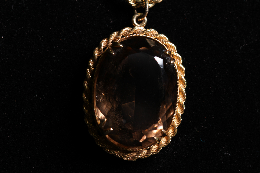 14K Gold Chain and Smoky Quartz Pendant
