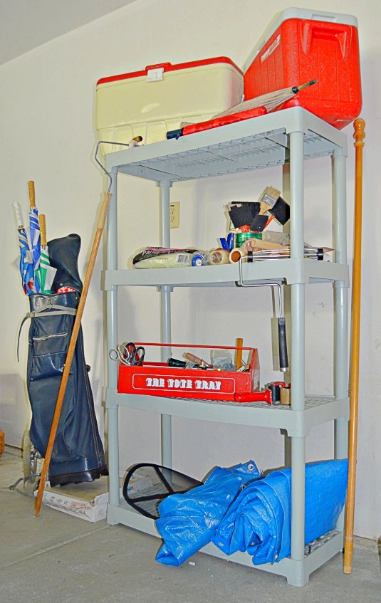 Plastic Shelving Unit with Coolers, Tarps, Tools