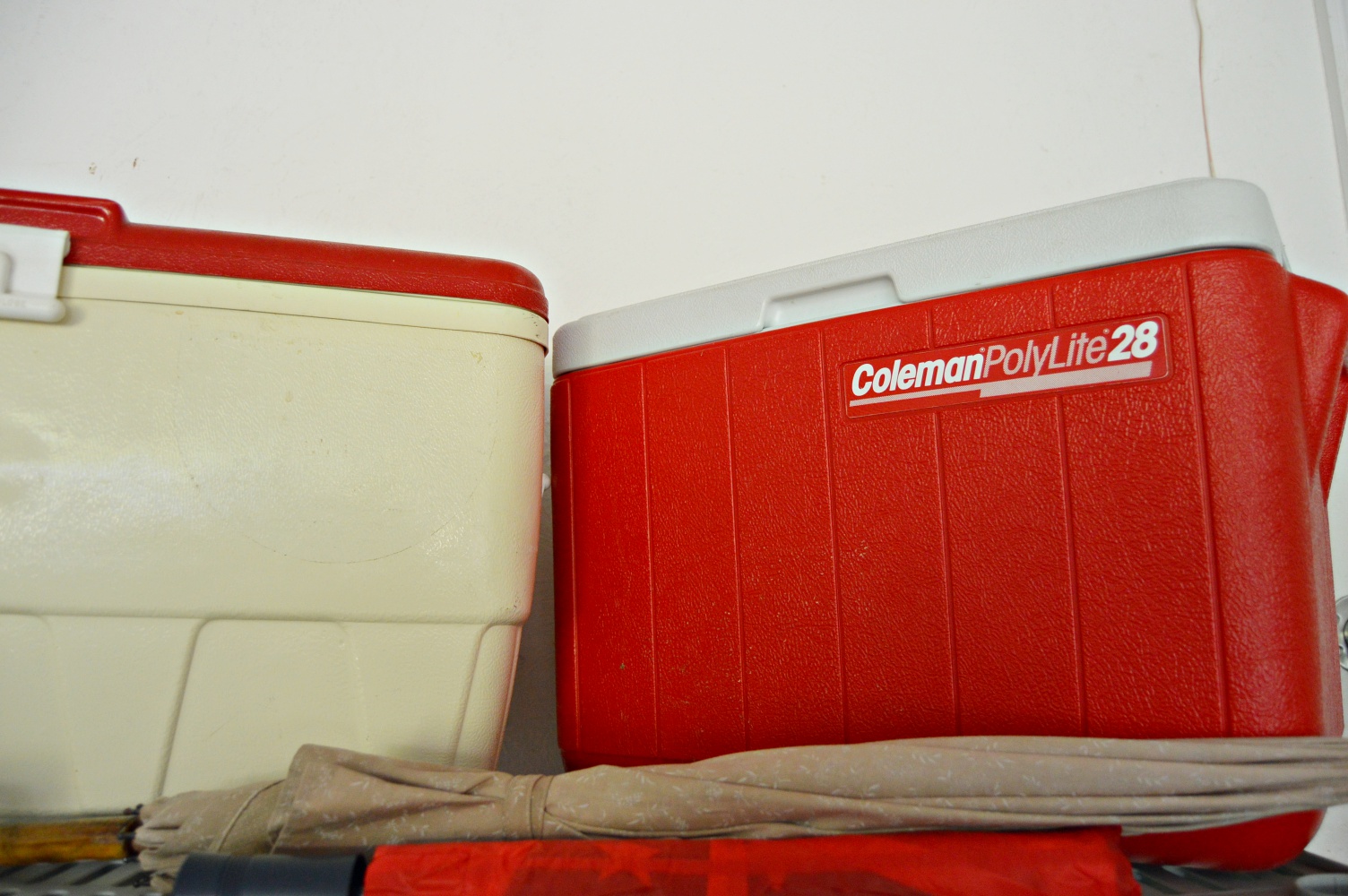 Plastic Shelving Unit with Coolers, Tarps, Tools