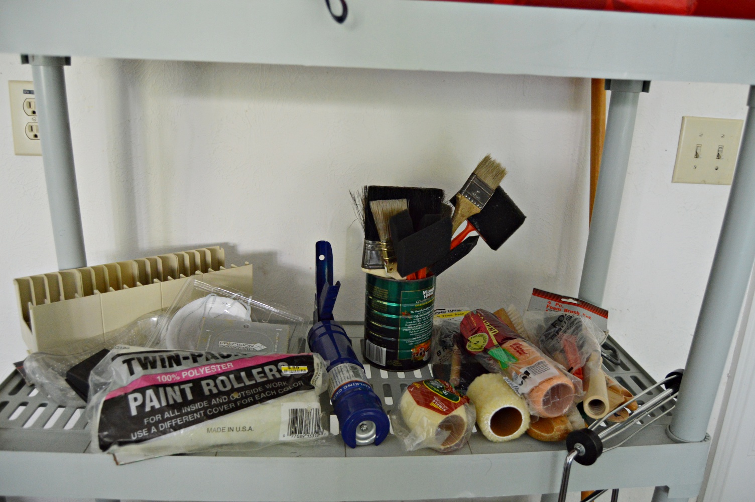 Plastic Shelving Unit with Coolers, Tarps, Tools