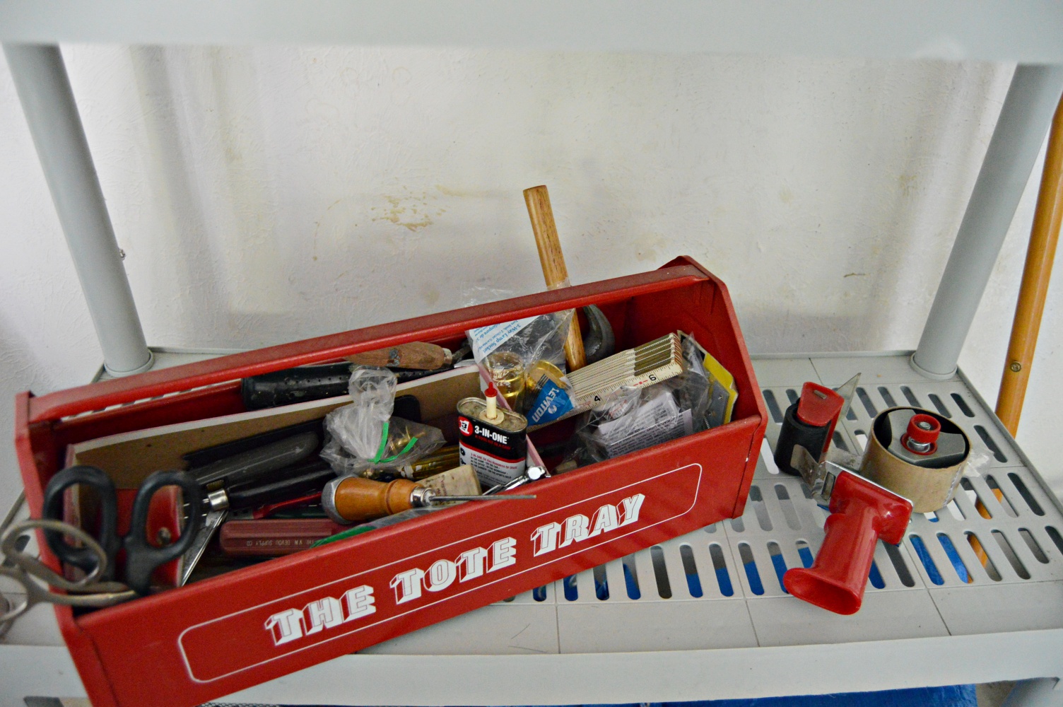 Plastic Shelving Unit with Coolers, Tarps, Tools