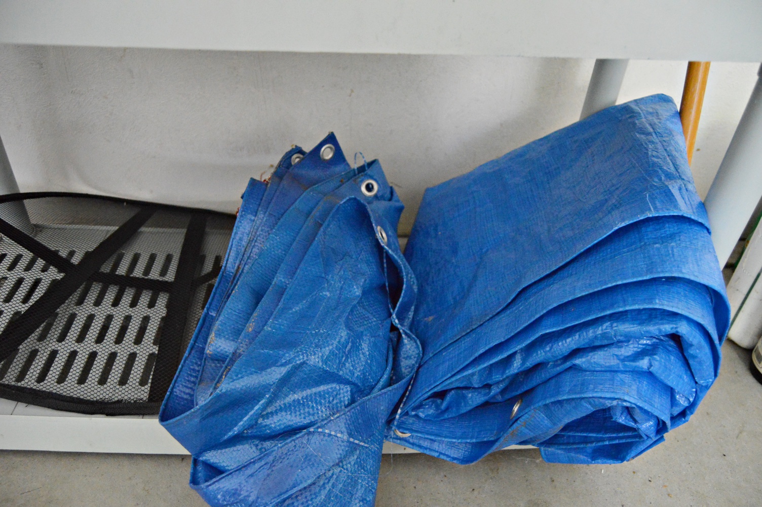 Plastic Shelving Unit with Coolers, Tarps, Tools