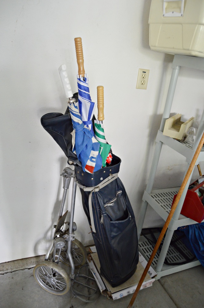 Plastic Shelving Unit with Coolers, Tarps, Tools