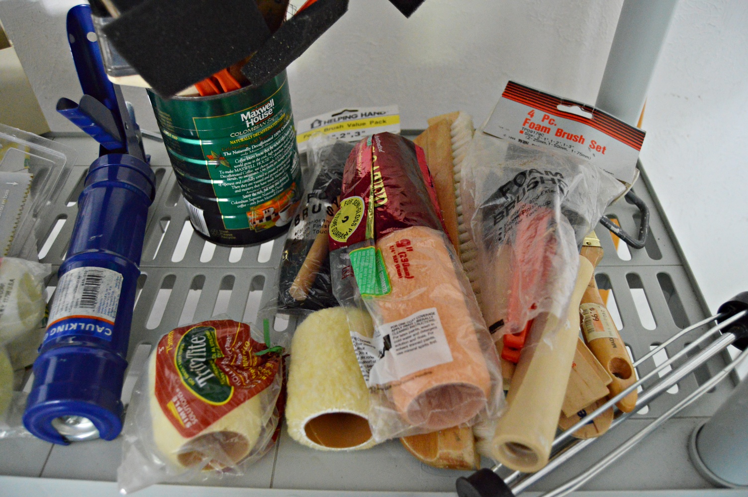 Plastic Shelving Unit with Coolers, Tarps, Tools