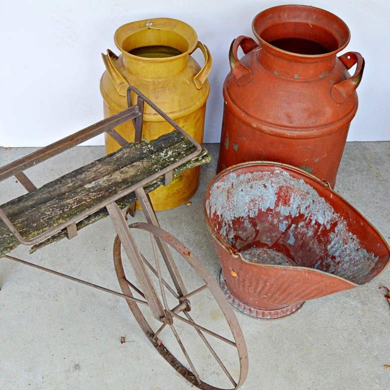 Two Vintage Painted Milk Cans, Coal Hod and Iron Cart