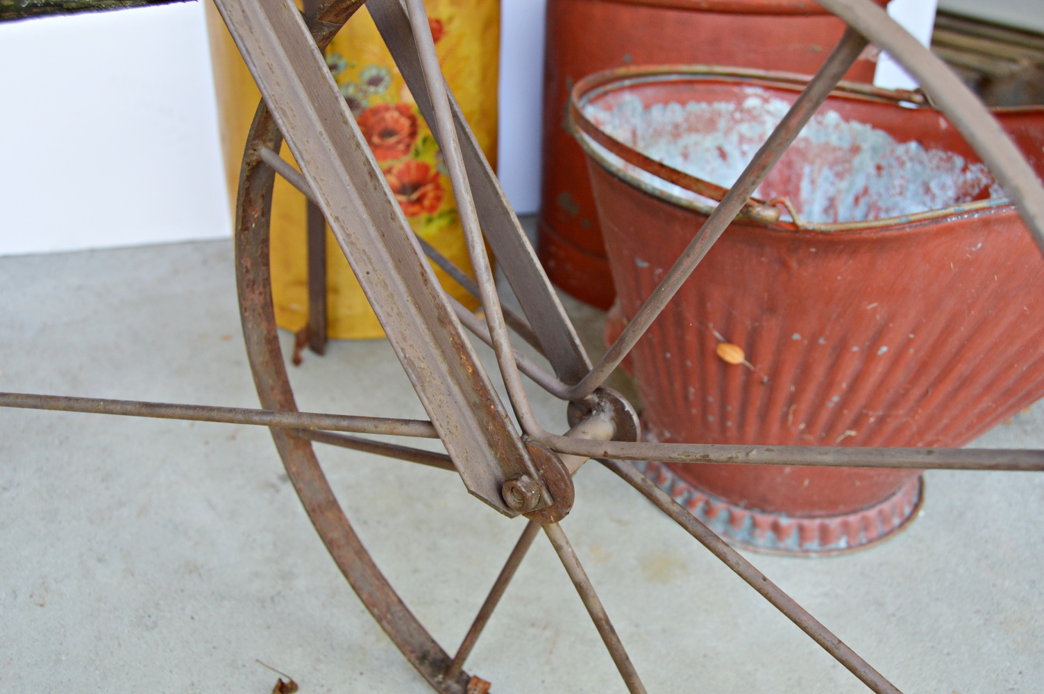 Two Vintage Painted Milk Cans, Coal Hod and Iron Cart