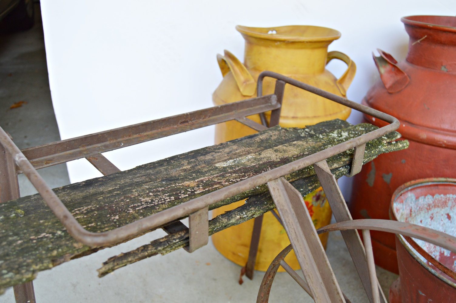 Two Vintage Painted Milk Cans, Coal Hod and Iron Cart