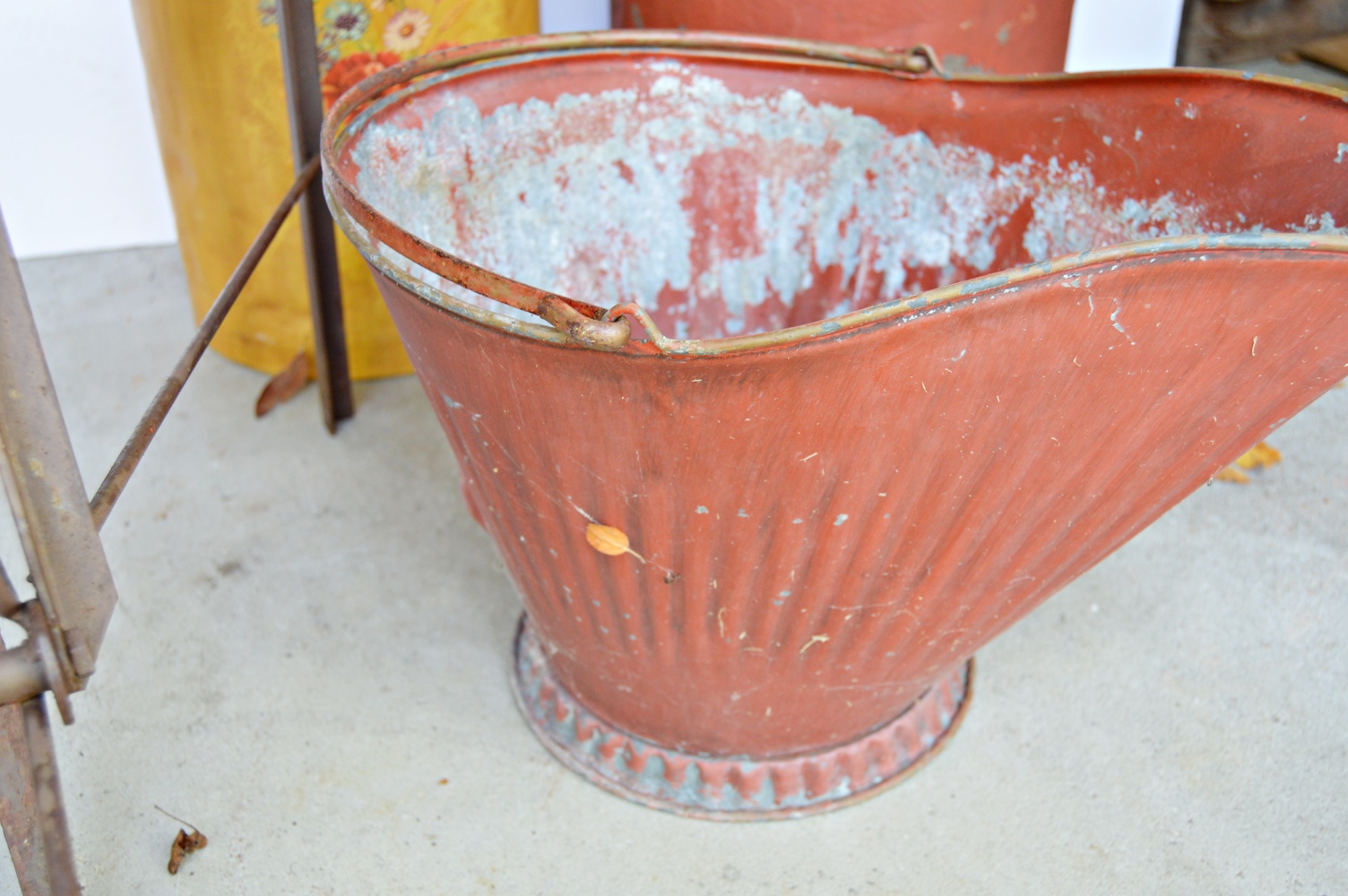 Two Vintage Painted Milk Cans, Coal Hod and Iron Cart
