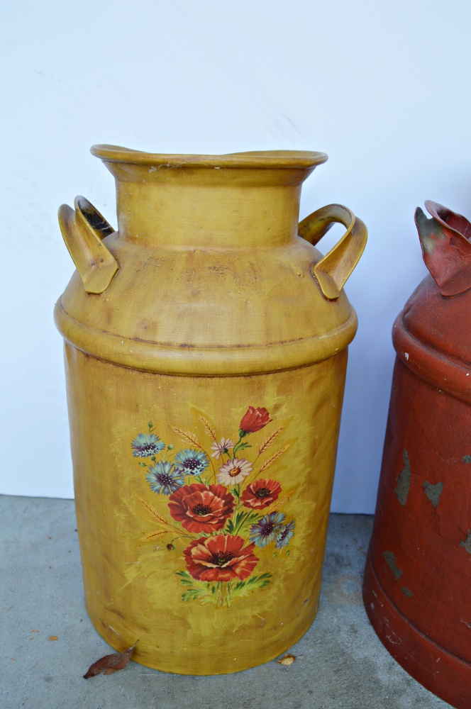 Two Vintage Painted Milk Cans, Coal Hod and Iron Cart